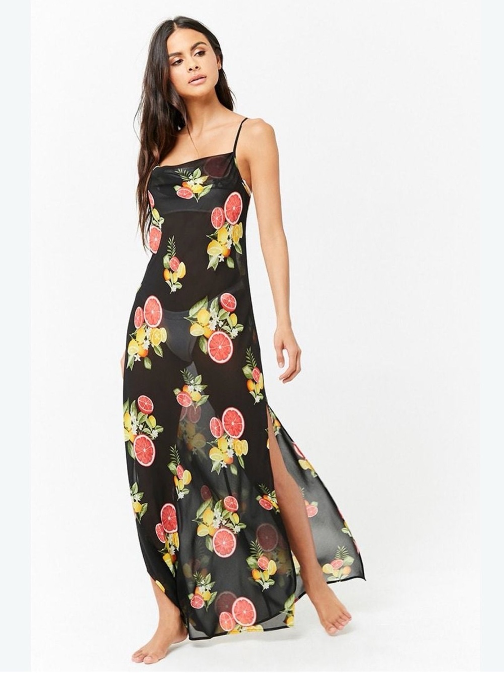 Forever 21 Black Citrus Print Sheer Slip Maxi Dress